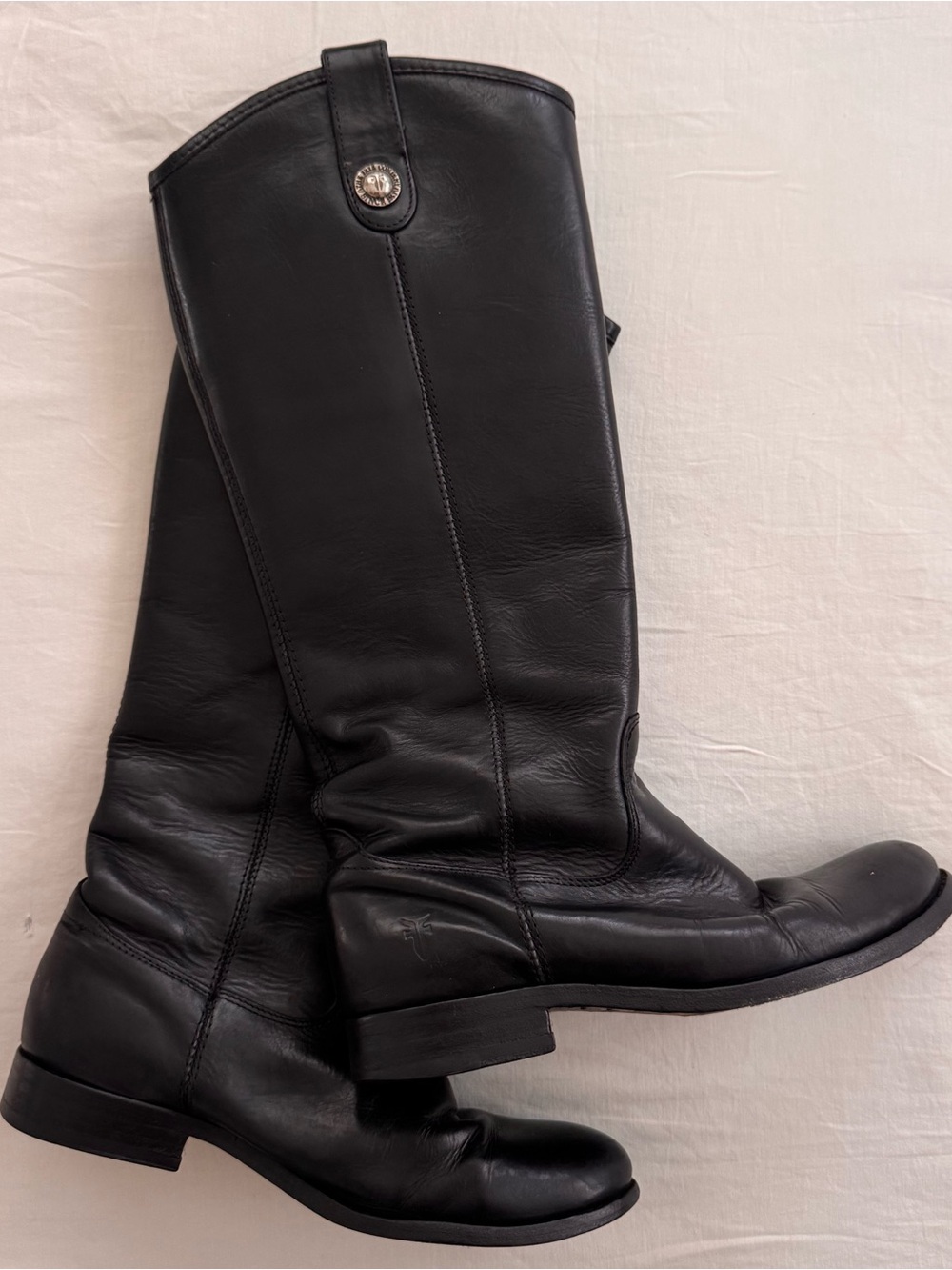 Frye Black Leather Knee High Riding style boots with silver button detail sz 5.5